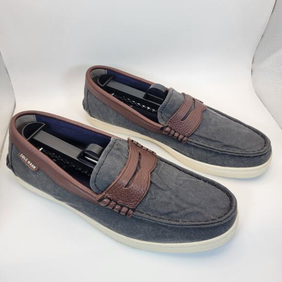 Cole Haan Shoes - Cole Haan Penny Loafers Womens Sz 7 Gray Canvas with Brown Leather Trim Slip On